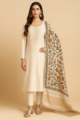 Off White Dola Silk Sequin Work Straight Cut Suit